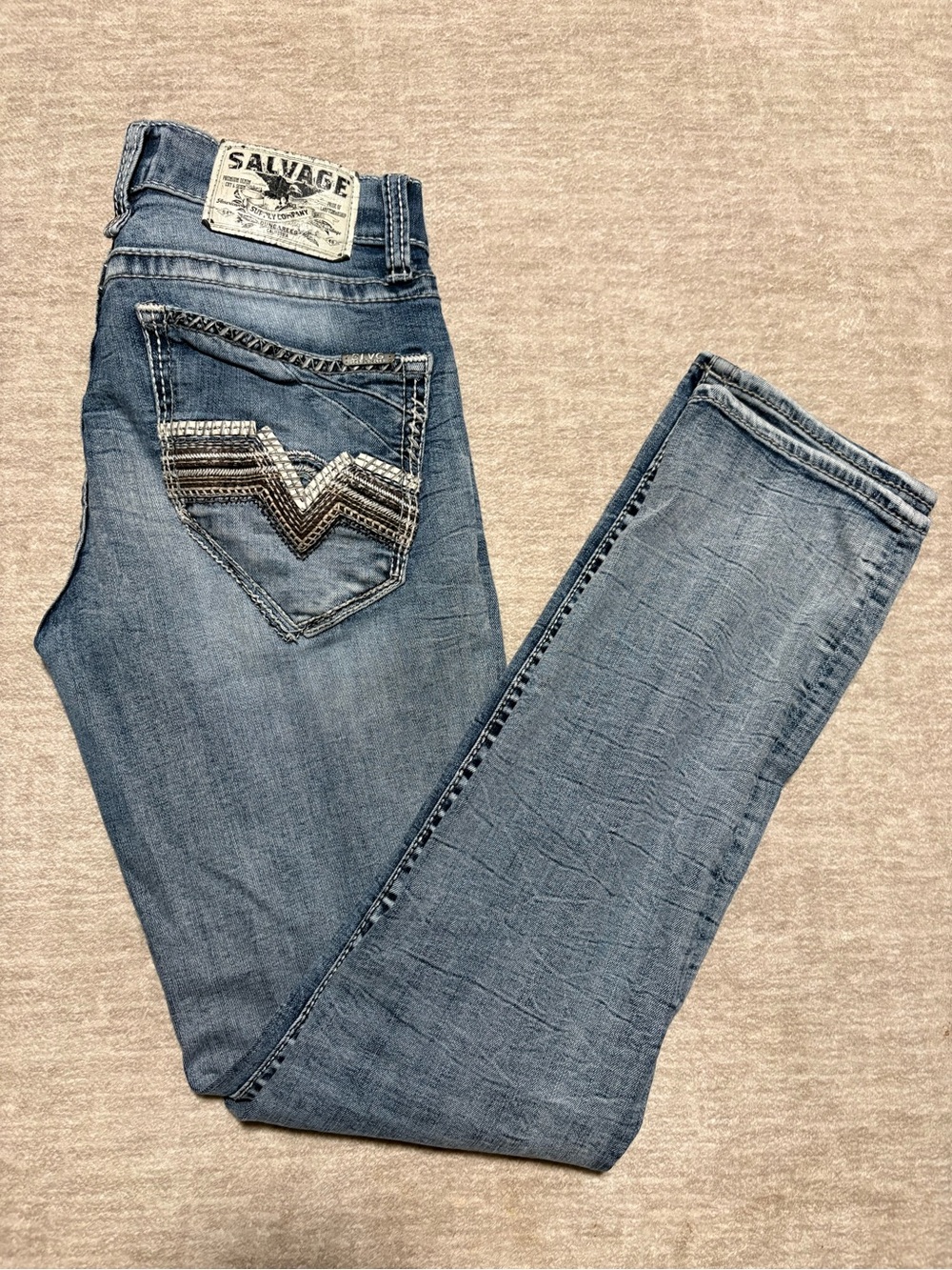 Salvage Men's Light Blue Skinny Jeans with Embroidered Back Pocket